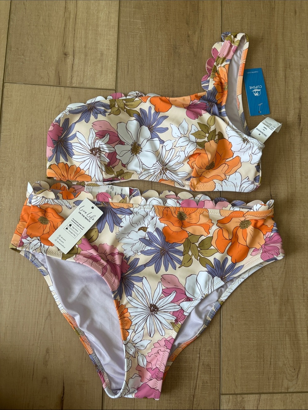 Cupshe Floral One-Shoulder Bikini in Orange, Pink & White med top/large bottom